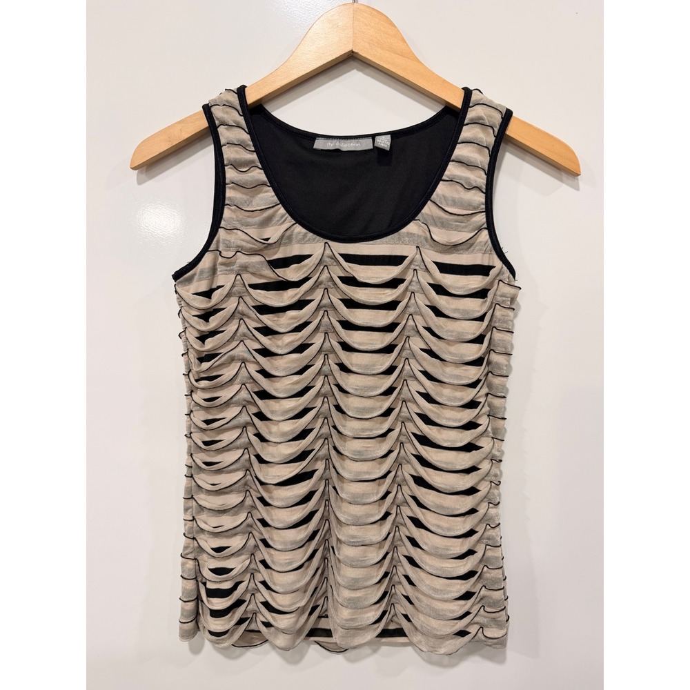 NY Collection Scalloped Ruffle Striped Tank Top Small Tan Black XNKT0190